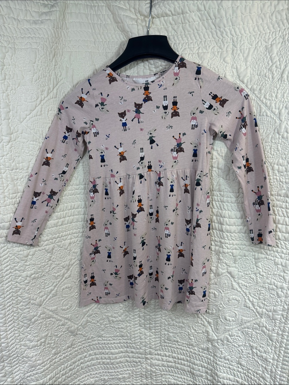 H&M Girls' Size 8/10 Long Sleeve Pink Animal Print Dress Cats Bunnies Spring